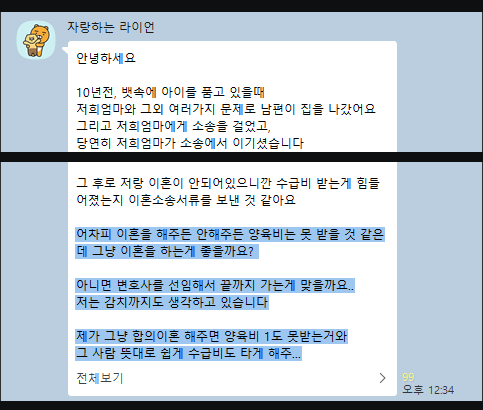 이혼소송 서류를 받은 사람이 양육비와 재판 대응을 문의한 실제 대화 일부